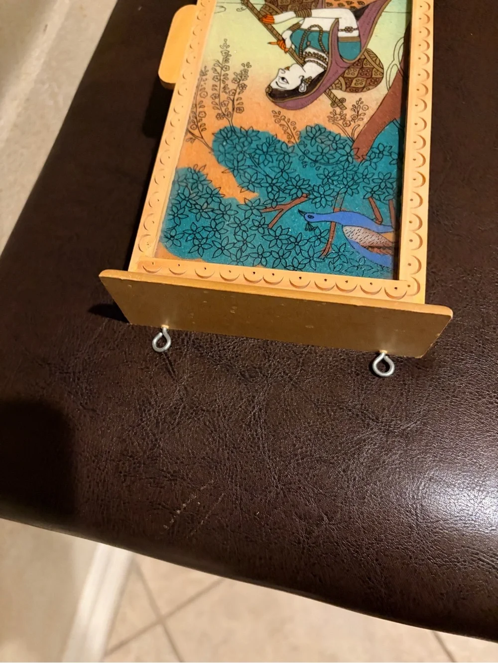 Wall Mounted Wood Key Cabinet Box w/ Hinged Door, 6 Hooks, Indian Art